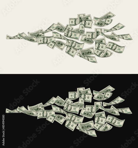 Money dollar horizontal composition with flying out 100 dollar notes, banknotes, bills. Illustration, design element in vintage style.