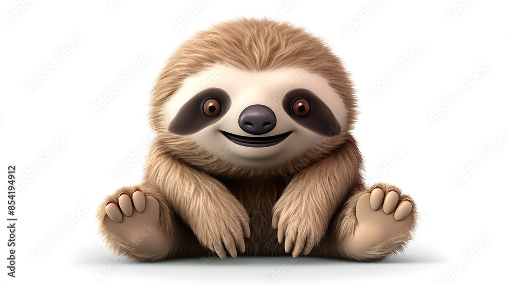 Fototapeta premium A cute and cuddly sloth sits on a white background. The sloth has big, brown eyes and a friendly smile.