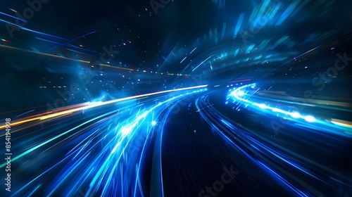 Capture dynamic light trails in vivid blues against a dark background, embodying futuristic speed and technology. A striking composition for a banner or poster, 