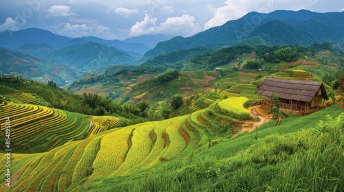 A beautiful green hillside with rice paddies landscape