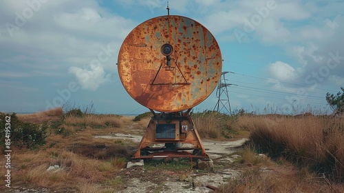 An old, rusty satellite dish stands in an overgrown field under a partly cloudy sky, showing signs of abandonment and wear from the elements over time