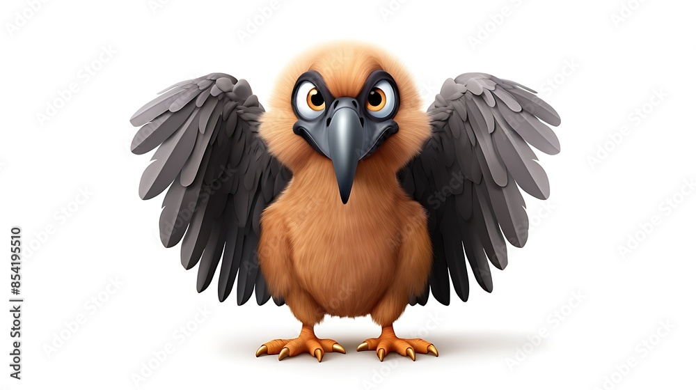 Fototapeta premium A cartoon vulture with its wings spread out. The vulture has brown feathers, a yellow beak, and a stern expression on its face.