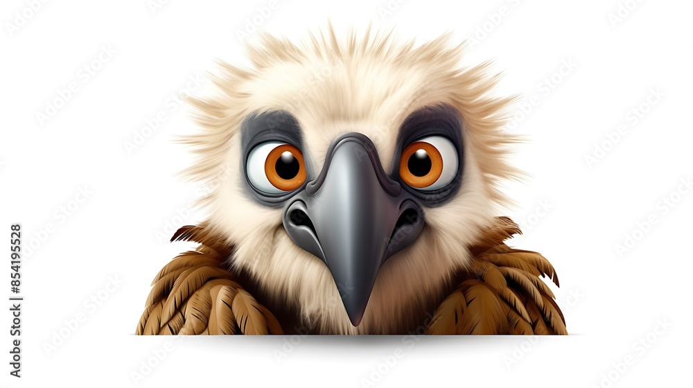 Fototapeta premium A close-up of a cartoon vulture with big eyes and a long beak. The vulture is looking at the camera with a curious expression.