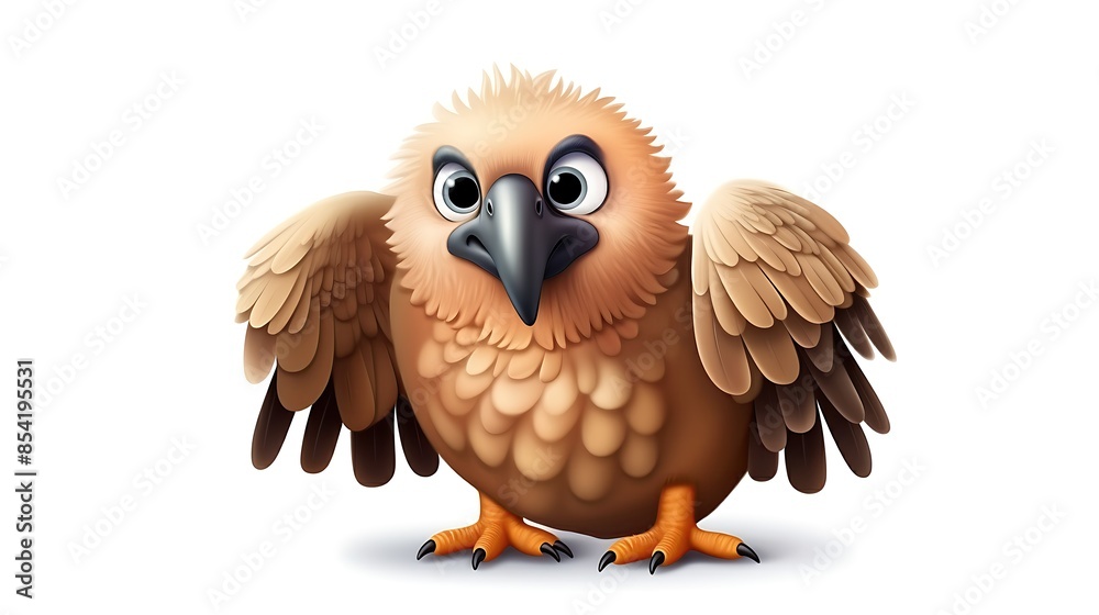 Obraz premium A cute cartoon vulture with big eyes and a fluffy body. It is standing on the ground with its wings spread out.