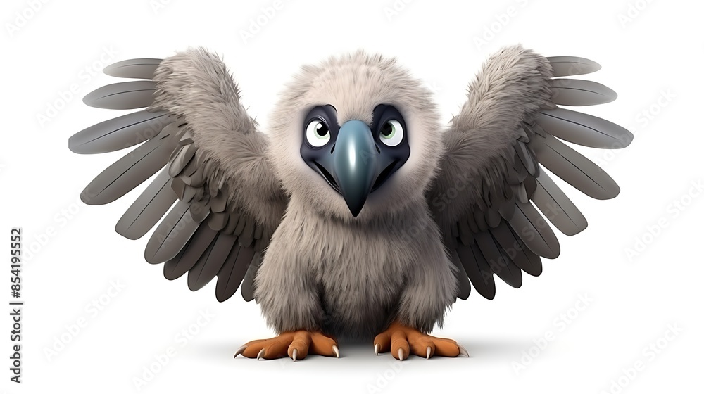 Fototapeta premium A cute and fluffy vulture with big eyes and a friendly expression. It is standing on the ground with its wings spread out.