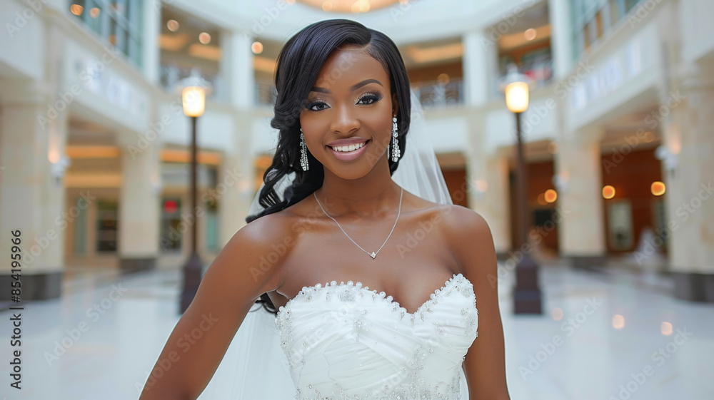 Naklejka premium Bride in a regal, traditional ballgown against a grand, opulent interior backdrop