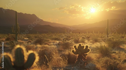 Beautiful cacti scattered all over the plateau with mountains in the background on a sunset view