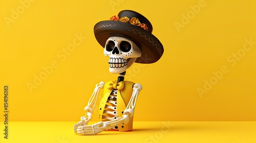 3D illustration of a skeleton wearing a black hat with a yellow flower band and a yellow vest with black polka dots. photo