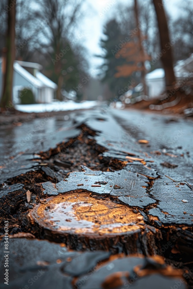 A cracked and damaged road showcasing tree stump remnants with houses and trees blurred in the background on a cold, overcast day A cracked and damaged road showcasing tree stump remnants with houses and trees blurred in the background on a cold, overcast day