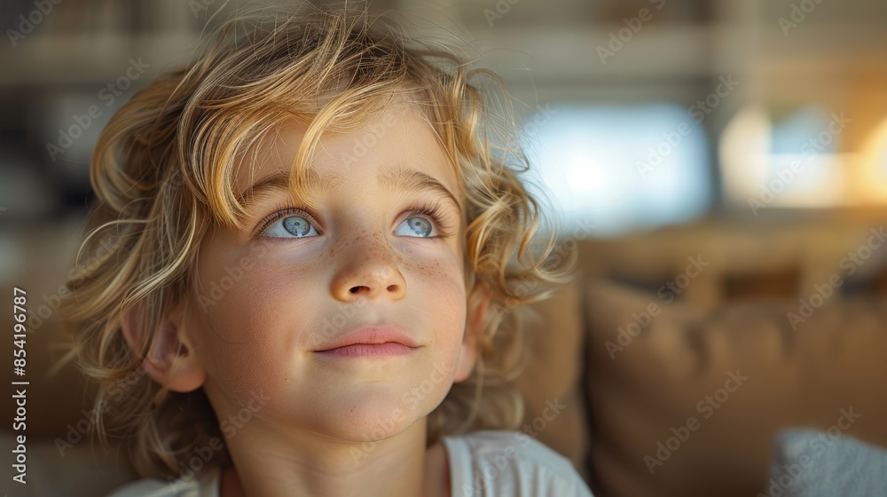 A young, curly-haired child with bright blue eyes gazes upwards with an expression of curiosity and wonder, surrounded by a soft, warmly lit indoor environment A young, curly-haired child with bright blue eyes gazes upwards with an expression of curiosity and wonder, surrounded by a soft, warmly lit indoor environment