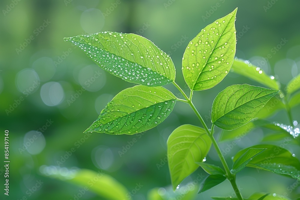 A close-up photograph capturing fresh green leaves with dewdrops on them, showcasing the beauty and vibrance of nature in an ethereal light