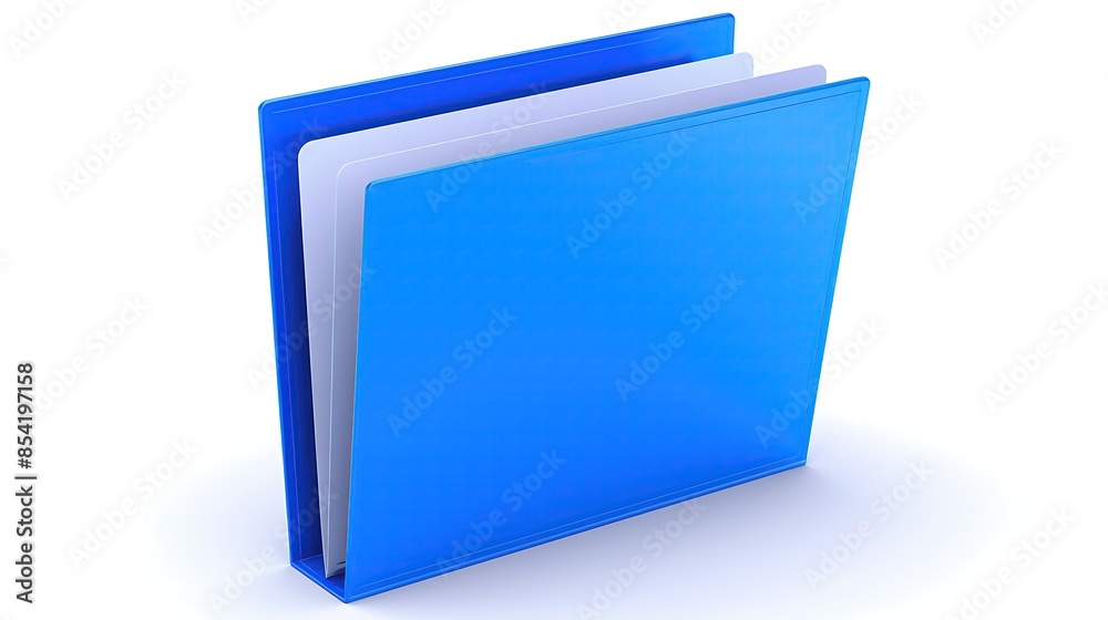 A blue plastic folder with three white sheets of paper in it. The folder is standing upright on a white surface. A blue plastic folder with three white sheets of paper in it. The folder is standing upright on a white surface.