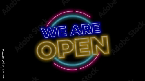 We are open! luminous animated neon text. We are open, glowing light with neon grid gradients and eye-catching colors. For advertising and promotional videos.