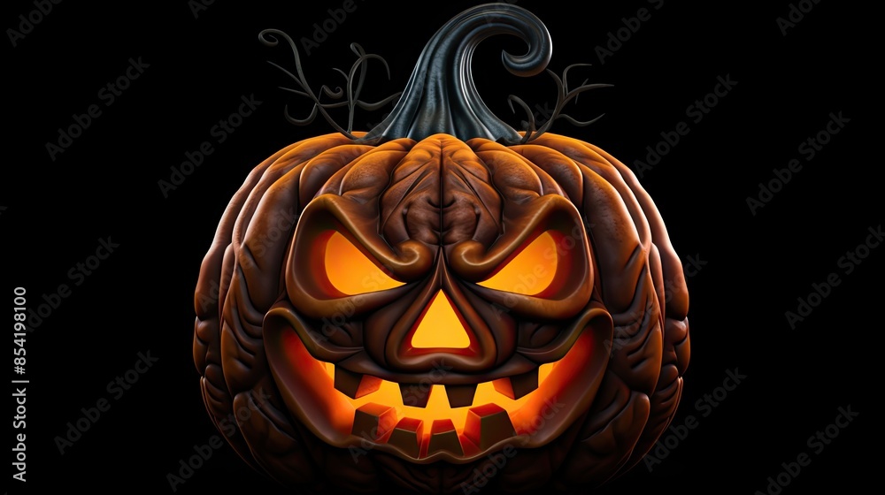 Fototapeta premium This is a 3D rendering of a Halloween pumpkin. The pumpkin has a realistic texture and is lit by a candle inside.