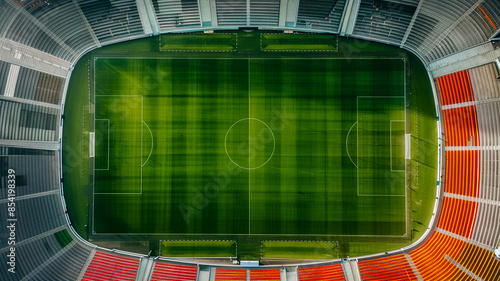 Bird's eye view of the stadium, preparations for rugby or football competitions photo