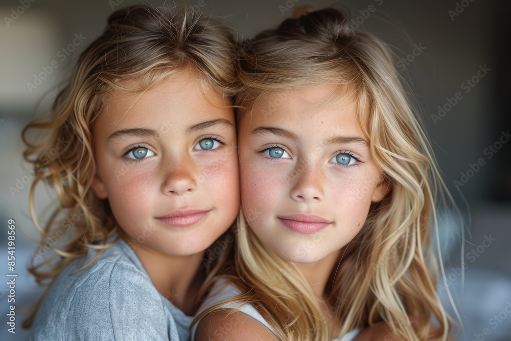 Two young girls with blue eyes and blonde hair smiling warmly while posing together for a portrait in a softly lit indoor setting, exuding innocence and sibling bond Two young girls with blue eyes and blonde hair smiling warmly while posing together for a portrait in a softly lit indoor setting, exuding innocence and sibling bond