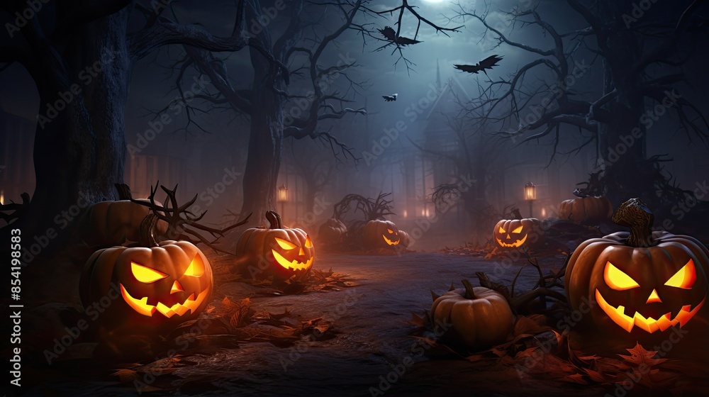 This is a dark and spooky forest. The trees are bare, and the only light comes from the moon and the jack-o'-lanterns. This is a dark and spooky forest. The trees are bare, and the only light comes from the moon and the jack-o'-lanterns.