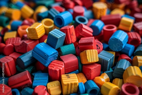 Close-up image of a colorful assortment of variously shaped and sized plastic building blocks, showcasing vibrant hues and textures for creative projects