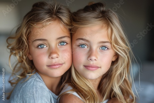 Two young girls with blue eyes and blonde hair smiling warmly while posing together for a portrait in a softly lit indoor setting, exuding innocence and sibling bond