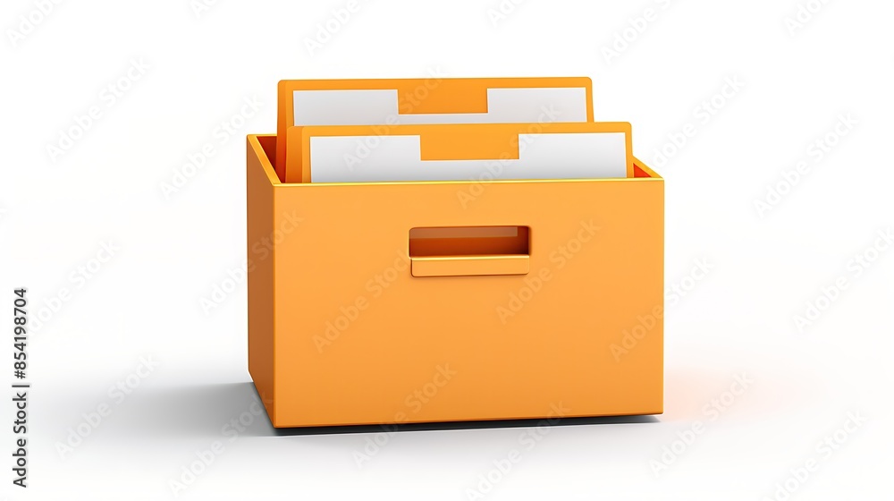 3D rendering of a bright orange file cabinet with four white hanging file folders. The cabinet is sitting on a white surface with a white background. 3D rendering of a bright orange file cabinet with four white hanging file folders. The cabinet is sitting on a white surface with a white background.