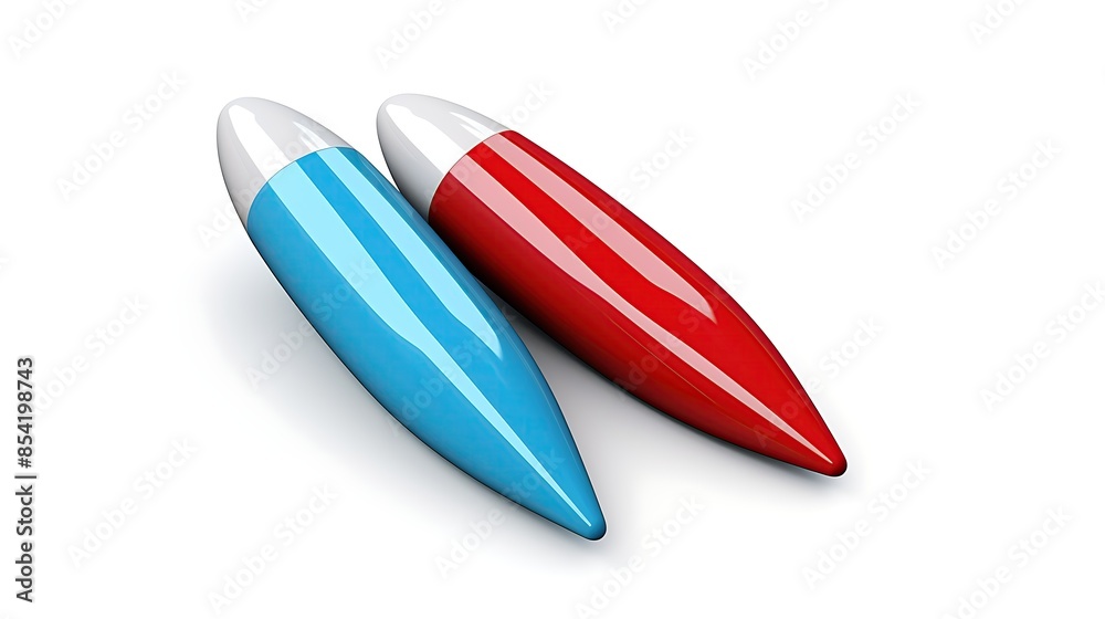 3D rendering of two shiny capsules. Blue and red pills. 3D rendering of two shiny capsules. Blue and red pills.