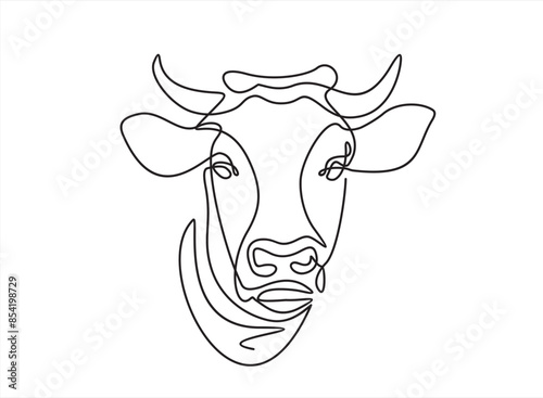 Cow head in continuous line art drawing style. Horned cow portrait minimalist black linear sketch isolated on white background. Vector illustration