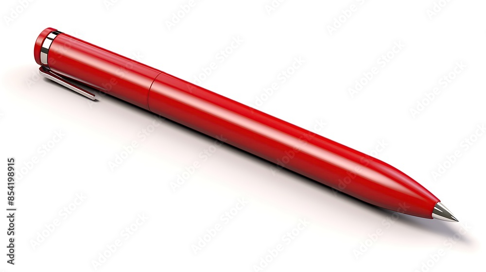 A sleek red pen with a silver tip and a shiny red body. It is lying on a white surface. A sleek red pen with a silver tip and a shiny red body. It is lying on a white surface.