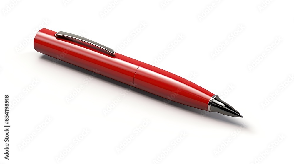 A sleek red pen with a silver clip lies on a white surface. The pen is slightly angled, with the tip pointing to the right. A sleek red pen with a silver clip lies on a white surface. The pen is slightly angled, with the tip pointing to the right.