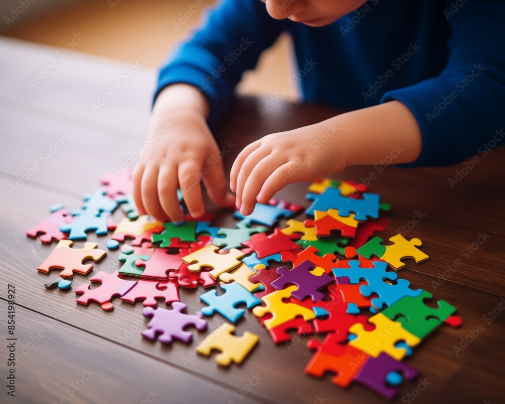 Kid's hands putting puzzles together Kid's hands putting puzzles together