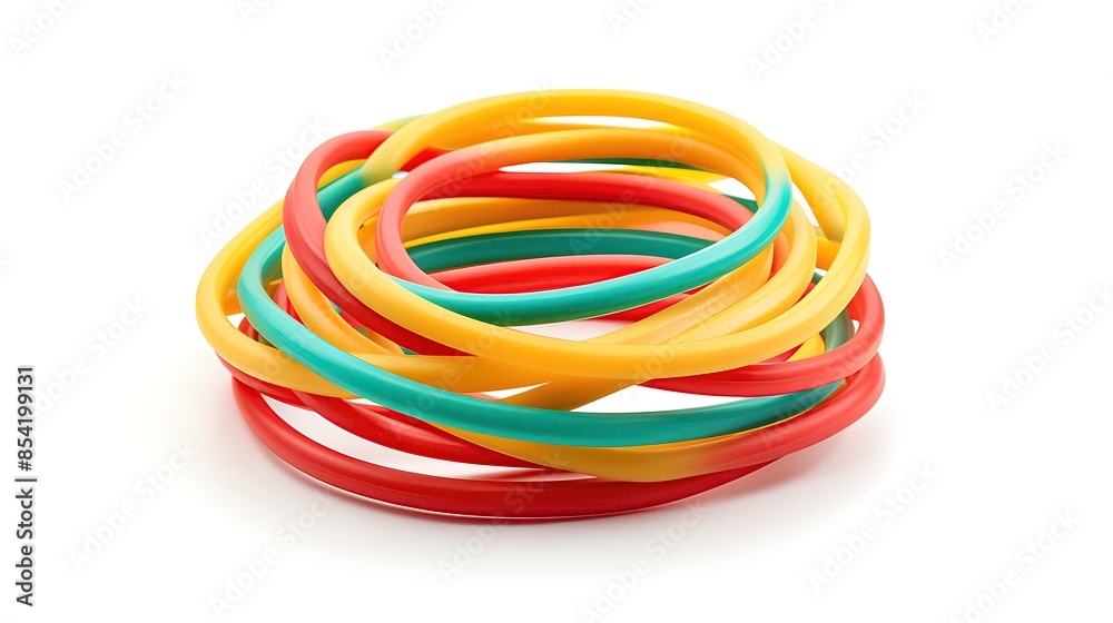 Colorful rubber bands isolated on white background. The rubber bands are red, blue, yellow and green. They are all twisted together.