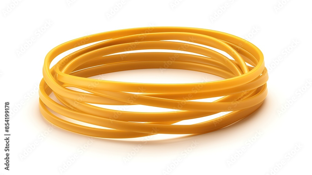 3D rendering illustration of a yellow rubber band on a white background. The rubber band is wound up in a circle. 3D rendering illustration of a yellow rubber band on a white background. The rubber band is wound up in a circle.