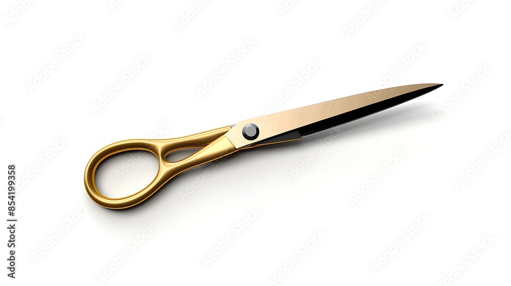 Obraz premium A shiny gold scissor with black handle, isolated on white background.