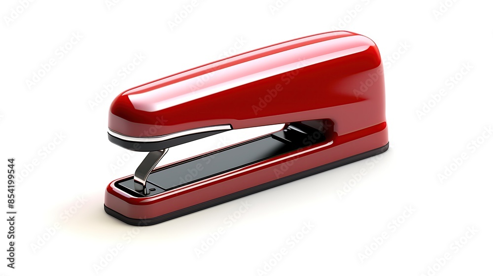 **Assistant** The image is of a red stapler on a white background. The stapler is made of metal and has a glossy finish. **Assistant** The image is of a red stapler on a white background. The stapler is made of metal and has a glossy finish.