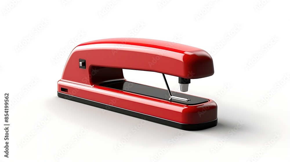 **Assistant** This is a red stapler. It is made of metal and has a black base. The stapler is about 6 inches long and 2 inches wide. **Assistant** This is a red stapler. It is made of metal and has a black base. The stapler is about 6 inches long and 2 inches wide.