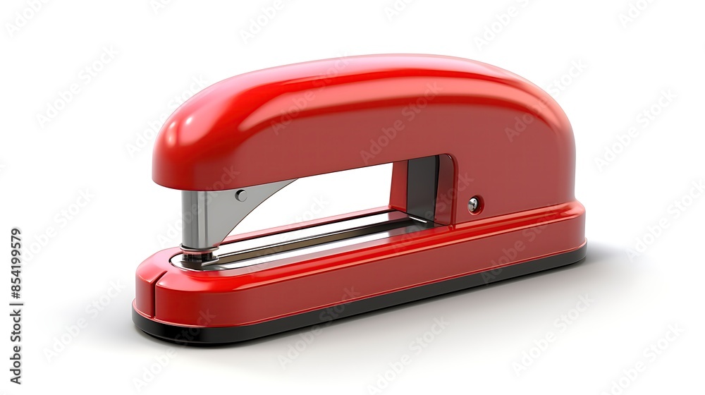 **Red stapler on white background** A red stapler is sitting on a white background. The stapler is made of metal and has a black base. **Red stapler on white background** A red stapler is sitting on a white background. The stapler is made of metal and has a black base.