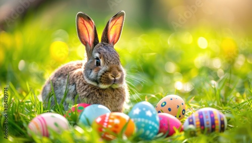 A rabbit is standing in a field of Easter eggs. Generate AI image