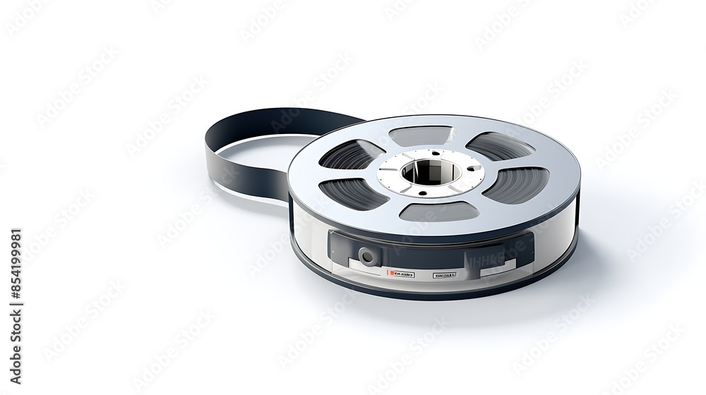 A 3D rendering of a reel of magnetic tape. The tape is black and wound around a silver reel. The reel is sitting on a white surface.