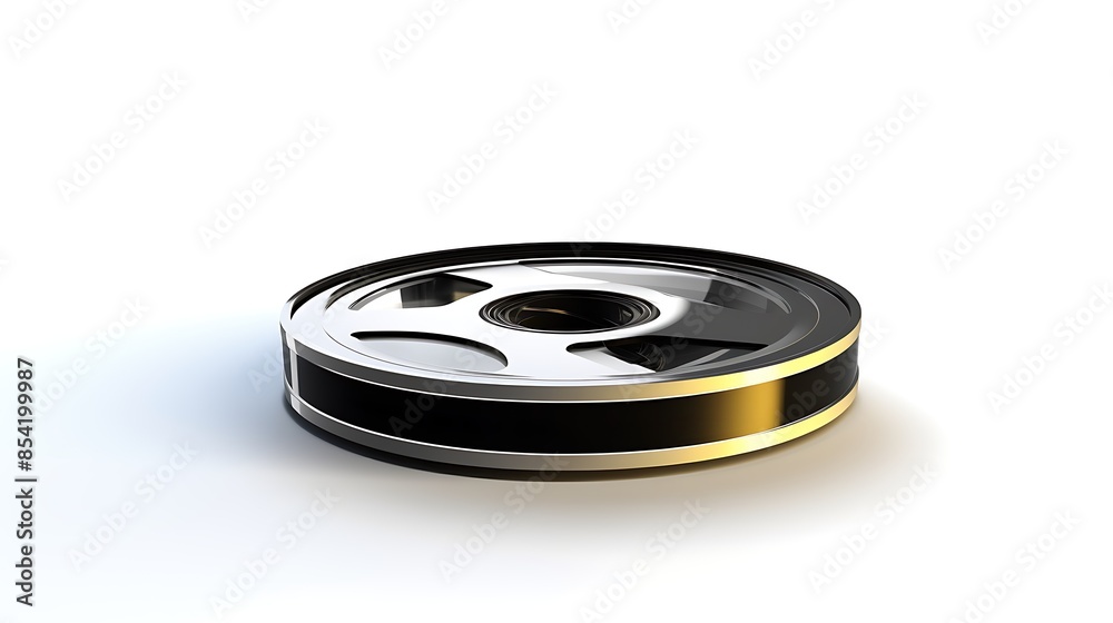 3D rendering of a shiny metal film reel on a white background. The film reel is made of two silver disks with a black ring in between. 3D rendering of a shiny metal film reel on a white background. The film reel is made of two silver disks with a black ring in between.