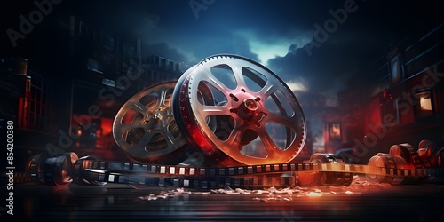 3d cinema film strip and reel with clapper board, Film reels and clapperboard background (1)