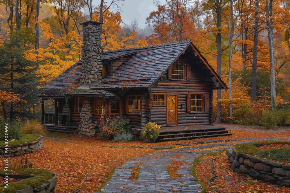 A charming rustic cabin in a tranquil forest setting surrounded by vibrant autumn foliage showcasing the serene beauty of nature in the fall season A charming rustic cabin in a tranquil forest setting surrounded by vibrant autumn foliage showcasing the serene beauty of nature in the fall season