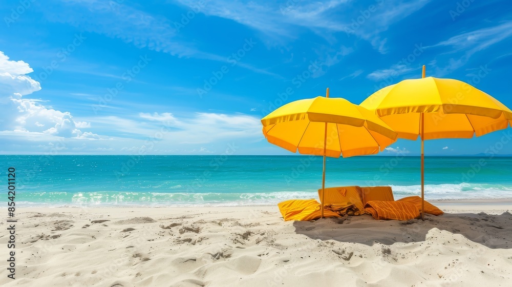 Yellow beach umbrellas on a sunny day. Bright colored umbrellas on the beach Yellow beach umbrellas on a sunny day. Bright colored umbrellas on the beach
