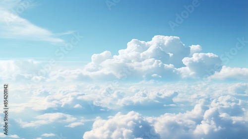 Amazing view of the clouds from above. The image shows a beautiful blue sky with white clouds. The clouds are fluffy and look like cotton.