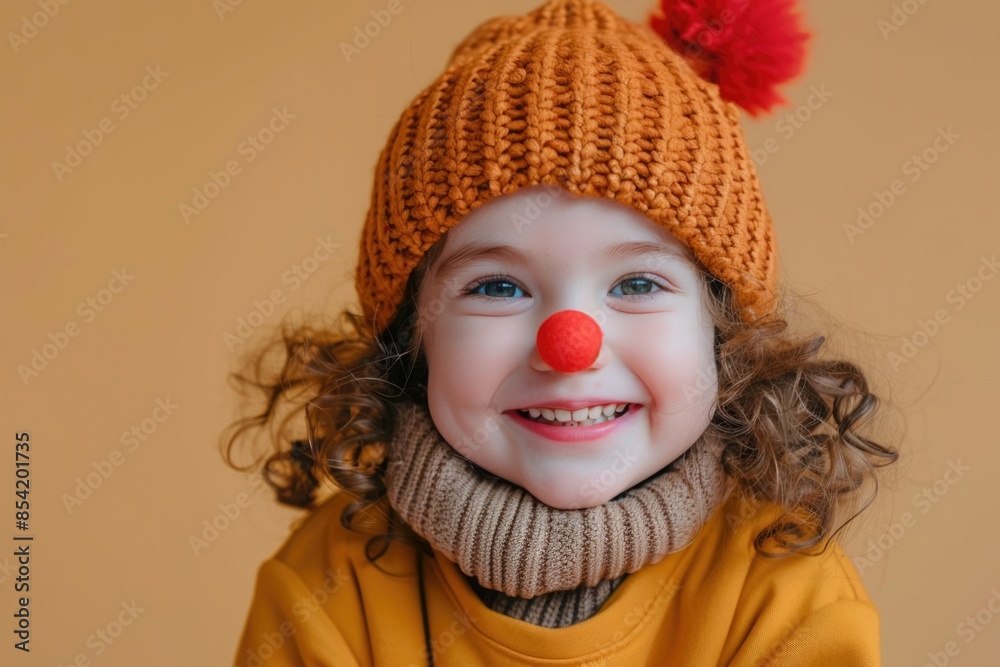 child in a hat with a red clown nose. Circus. Costume. Childhood. Play. Love holidays. orange background. place for tnext child in a hat with a red clown nose. Circus. Costume. Childhood. Play. Love holidays. orange background. place for tnext