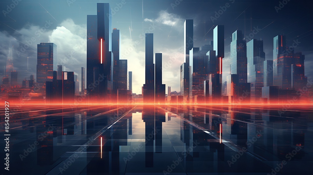 A stunning view of a futuristic city with skyscrapers and lights reflecting in the water below.
