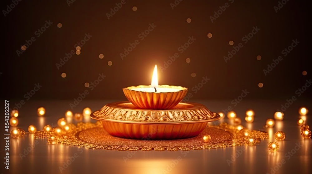 A beautiful glowing golden diya, sits on a golden plate surrounded by sparkling lights. A beautiful glowing golden diya, sits on a golden plate surrounded by sparkling lights.