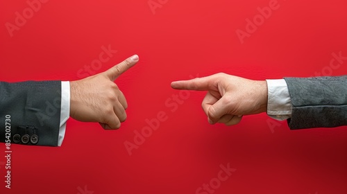 Close-up of two people pointing at each other with their index fingers in a disagreement gesture against a bright red background