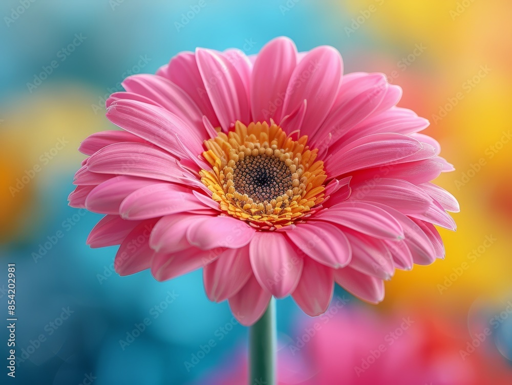 A vibrant and detailed close-up of a pink gerbera daisy, capturing its intricate petals and yellow center against a softly blurred colorful background A vibrant and detailed close-up of a pink gerbera daisy, capturing its intricate petals and yellow center against a softly blurred colorful background