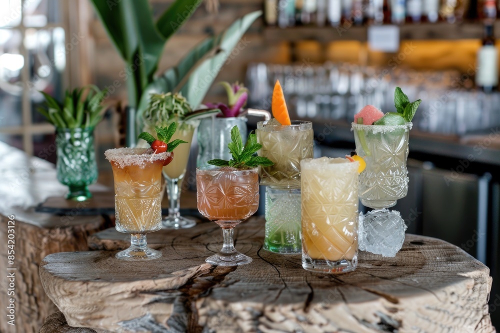 Colorful cocktails with fresh fruit and garnishes line a rustic bar top in decorative glasses, setting the scene for a perfect evening out Colorful cocktails with fresh fruit and garnishes line a rustic bar top in decorative glasses, setting the scene for a perfect evening out