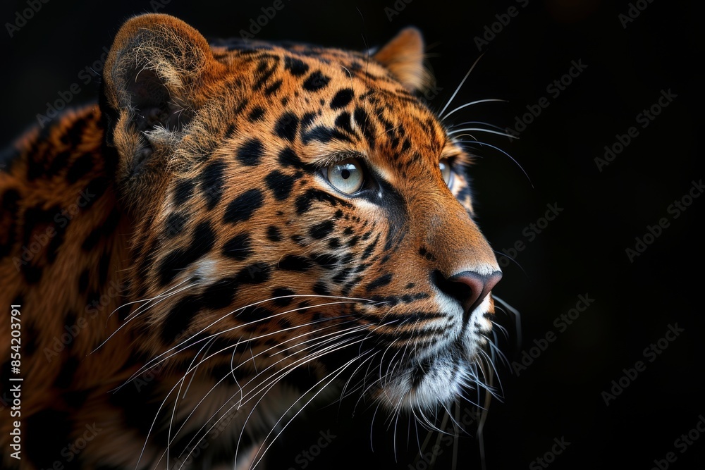Obraz premium A majestic close-up portrait of a leopard showcasing its intricate patterns and intense gaze against a dark background, capturing the essence of the wild