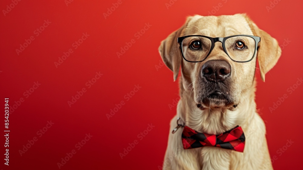 Adorable Labrador dog wearing glasses and bowtie with red background. Funny and stylish pet portrait concept. Perfect for greeting cards, advertisements, and social media content. AI. Adorable Labrador dog wearing glasses and bowtie with red background. Funny and stylish pet portrait concept. Perfect for greeting cards, advertisements, and social media content. AI.
